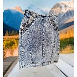 Roma Studio Skirt 1X Acid Washed Knee Length Pencil Stretch Back Slit Zip 90s